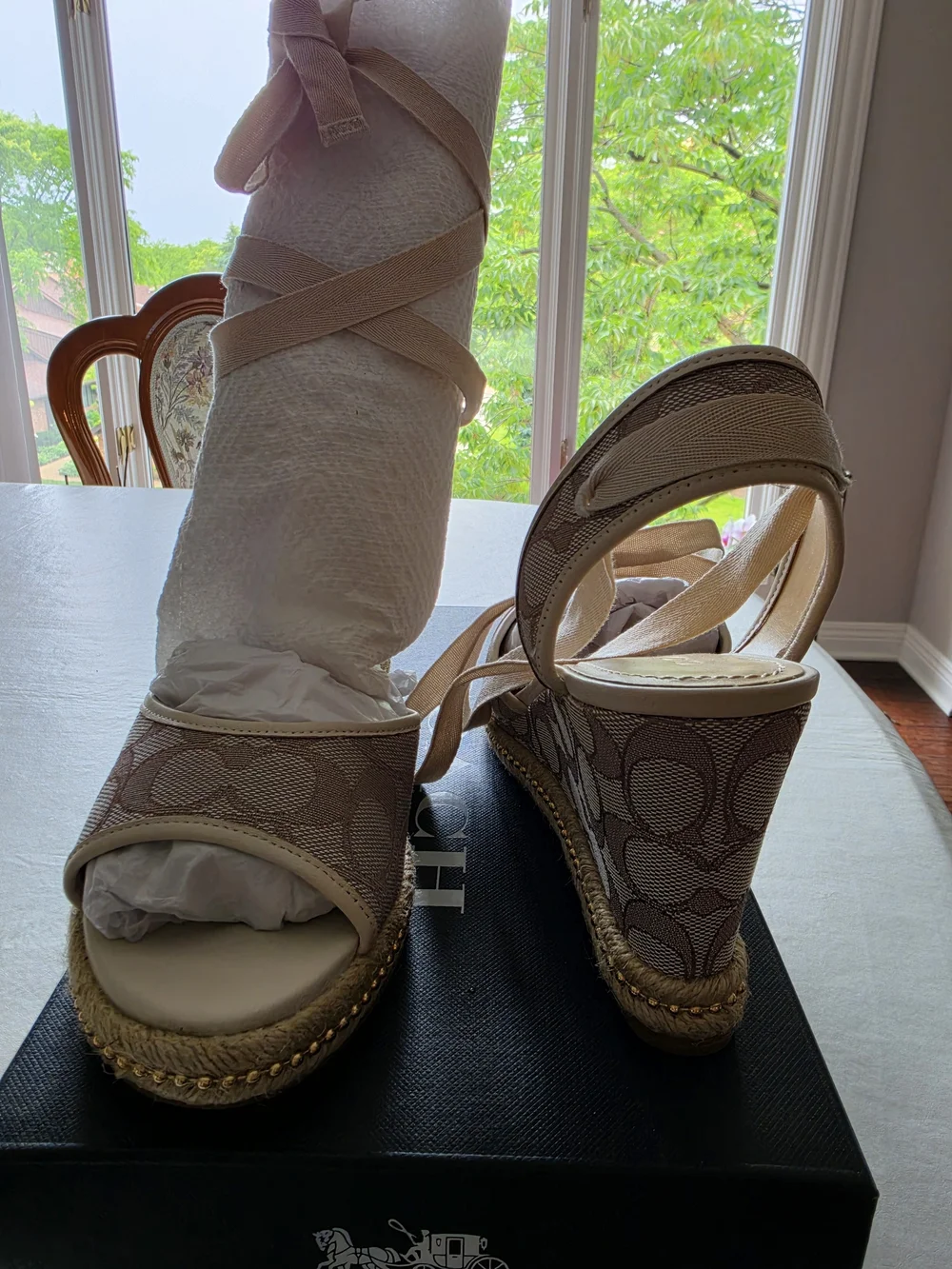 Coach Beige Canvas Signature Wedge Sandals with Ribbon Ties - Picture 3 of 6